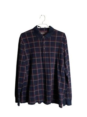 Lands' End Men's Navy Plaid Long-Sleeve Traditional Fit Polo Shirt